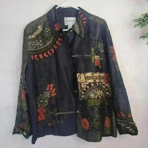 Vtg Chicos 3 Black Brown Silk Embroidered Asian Symbols Button Jacket Size XL